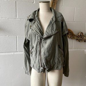 Free People Women's Green Olive Full Zipper Utility Bomber Jacket Size 5.2